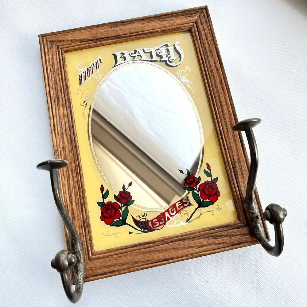 VTG Hot Bath & Massages Mirror Hook Rack Oak Frame Roses Bathroom Decor